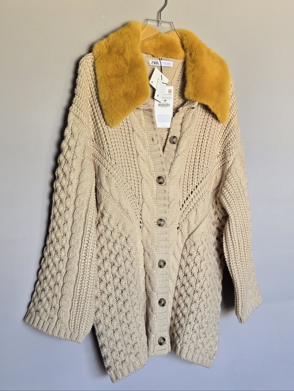 NWT Zara Cable Knit Cardigan with Removable Fur Collar - Picture 10 of 12